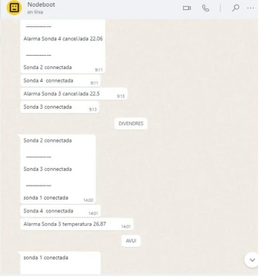 Chat con mensajes de alerta: sonda conectada, alarma de temperatura en la sonda 3, alarma cancelada en la sonda 4