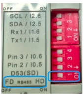 M-Duino switch bank with the FD RS485 HD switch highlighted next to the Pin 2 and Pin 3 terminals