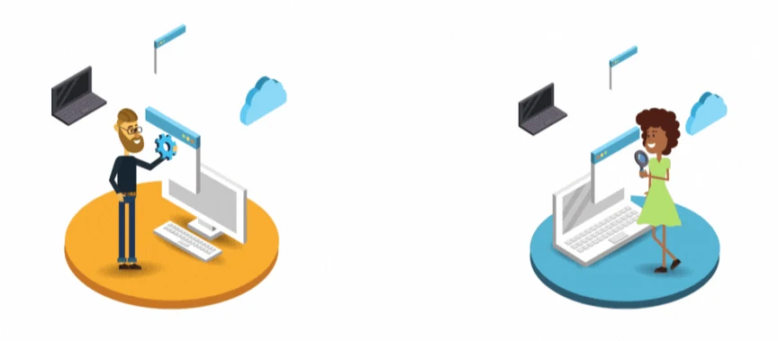 Ilustración de dos ingenieros trabajando con ordenadores que intercambian datos con máquinas y la nube