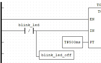 Línea Ladder donde blink_led_off está conectada después del contacto negado blink_led y el temporizador TON