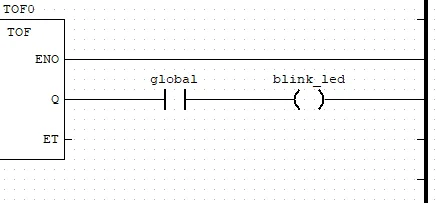 Línea Ladder con el contacto global antes de la bobina blink_led, después del temporizador TOF