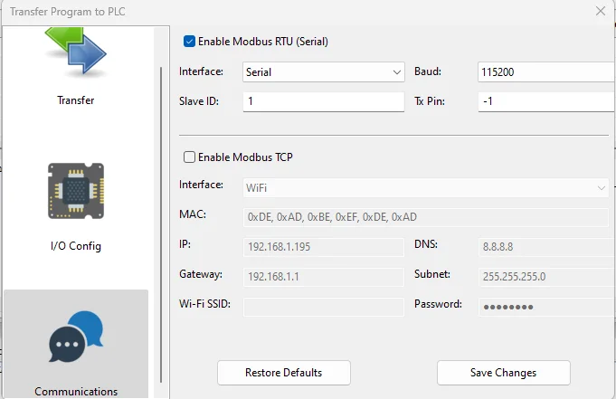 Pestaña Communications de OpenPLC con Modbus RTU por serie activado a 115200 baudios, ID de esclavo 1 y Tx Pin -1