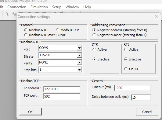 Configuración de conexión de Radzio Modbus Master Simulator para Modbus RTU a 115200 baudios, sin paridad, 1 bit de parada