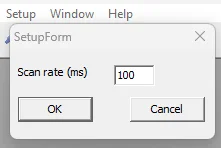 Ventana de configuración de Radzio con un scan rate de 100 ms