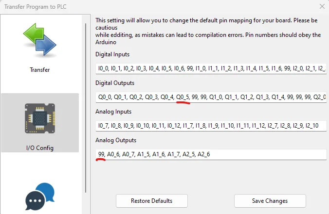 I/O Config de OpenPLC donde A0_5 se sustituye por 99 en las salidas analógicas y Q0_5 se añade a las salidas digitales