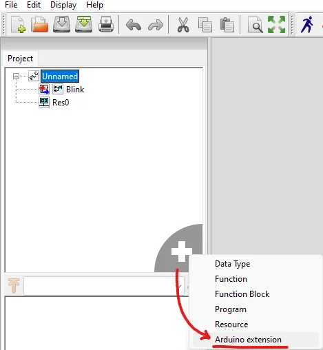 Árbol de proyecto del OpenPLC Editor con el menú del signo más abierto y Arduino extension seleccionado
