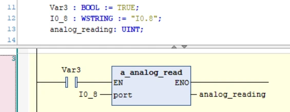 Ladder rung with an a_analog_read box that reads port I0.8 into the analog_reading variable
