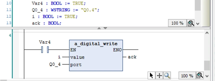 Ladder rung with an a_digital_write box that writes the variable i to port Q0.4 and returns ack