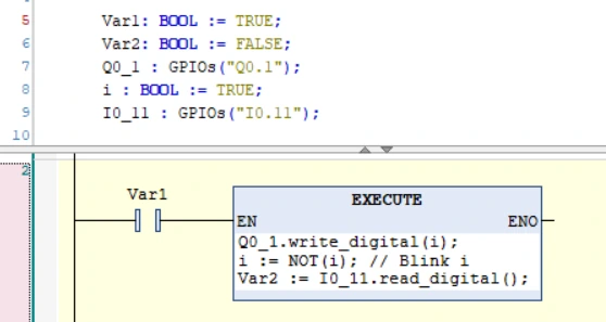 Ladder rung with an EXECUTE box that writes output Q0.1, inverts the variable i and reads input I0.11 with GPIOs blocks