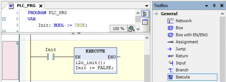 Ladder rung with an Init contact and an EXECUTE box that calls i2c_init() and sets Init to FALSE, next to the CODESYS ToolBox