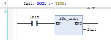 Ladder rung with an i2c_init box whose output resets the Init variable, so it runs only once