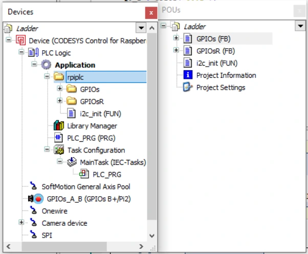 CODESYS Devices and POUs views of the Ladder template project, with the rpiplc folder, the GPIOs and GPIOsR blocks and the i2c_init function