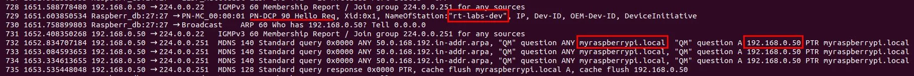 Salida de tshark con una petición PN-DCP Hello para el nombre de estación rt-labs-dev y tráfico ARP, IGMP y mDNS de 192.168.0.50