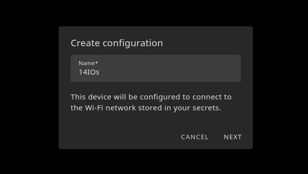 ESPHome Create configuration dialog with the device name 14IOs