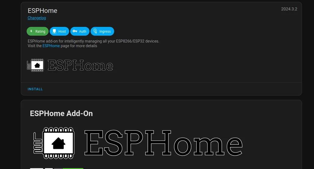 ESPHome add-on page in Home Assistant 2024, with the Install button, now called the ESPHome Device Builder app