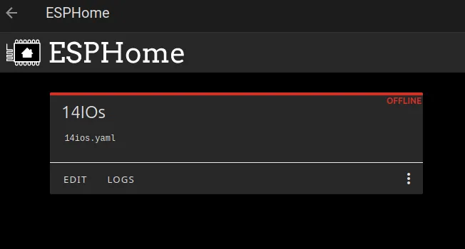 New 14IOs device in the ESPHome dashboard, shown as offline before the first install