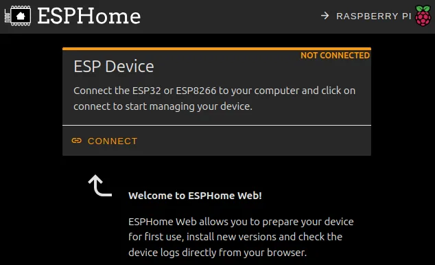 ESPHome Web page with the Connect button to flash an ESP32 over USB from the browser