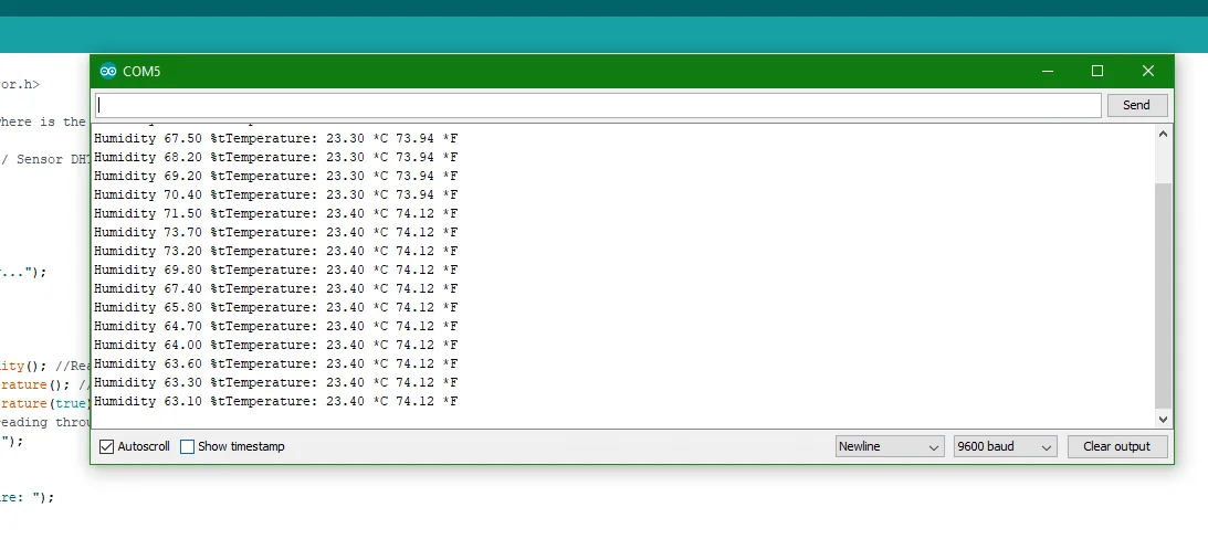 Arduino IDE Serial Monitor at 9600 baud with humidity and temperature in Celsius and Fahrenheit read from the DHT22 by an M-Duino 21+