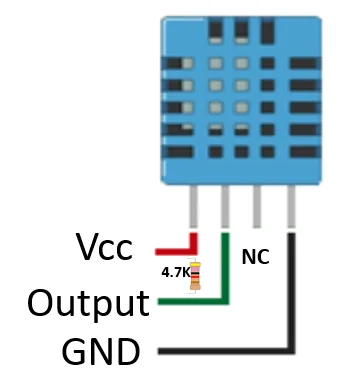 Pinout of a 4-pin DHT sensor: Vcc, Output with a 4.7 k pull-up resistor to Vcc, NC and GND