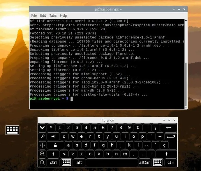 Florence keyboard on Raspbian Buster after installing the package from the terminal, with its floating icon on the left