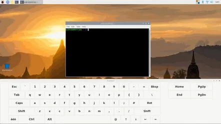 Matchbox keyboard at full width below a terminal window on the Raspberry Pi desktop