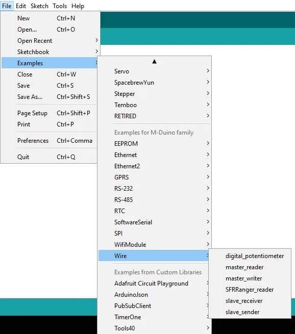 Arduino IDE menu File, Examples, Wire with the examples master_reader, master_writer, slave_receiver and slave_sender for the M-Duino family