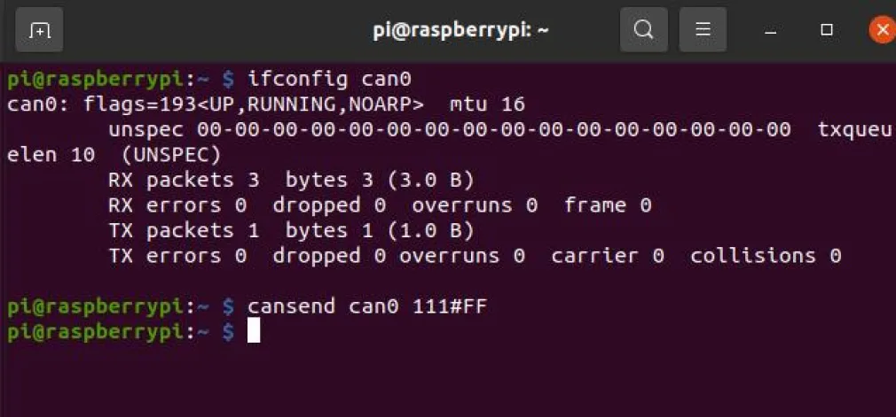 Terminal of the second Raspberry PLC: ifconfig can0 shows UP and RUNNING, then cansend can0 111#FF