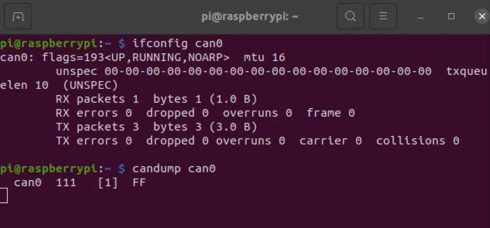 Terminal of the first Raspberry PLC: candump can0 receives the frame can0 111 [1] FF