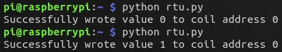 Terminal de un Raspberry PLC: python rtu.py se ejecuta dos veces y escribe el valor 0 y después 1 en la dirección de coil 0
