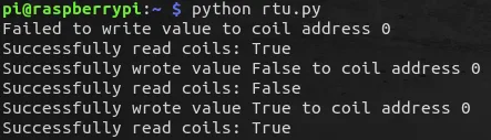 Terminal de un Raspberry PLC: el bucle de escritura y lectura muestra una primera escritura fallida y después lee True, False y True del coil 0