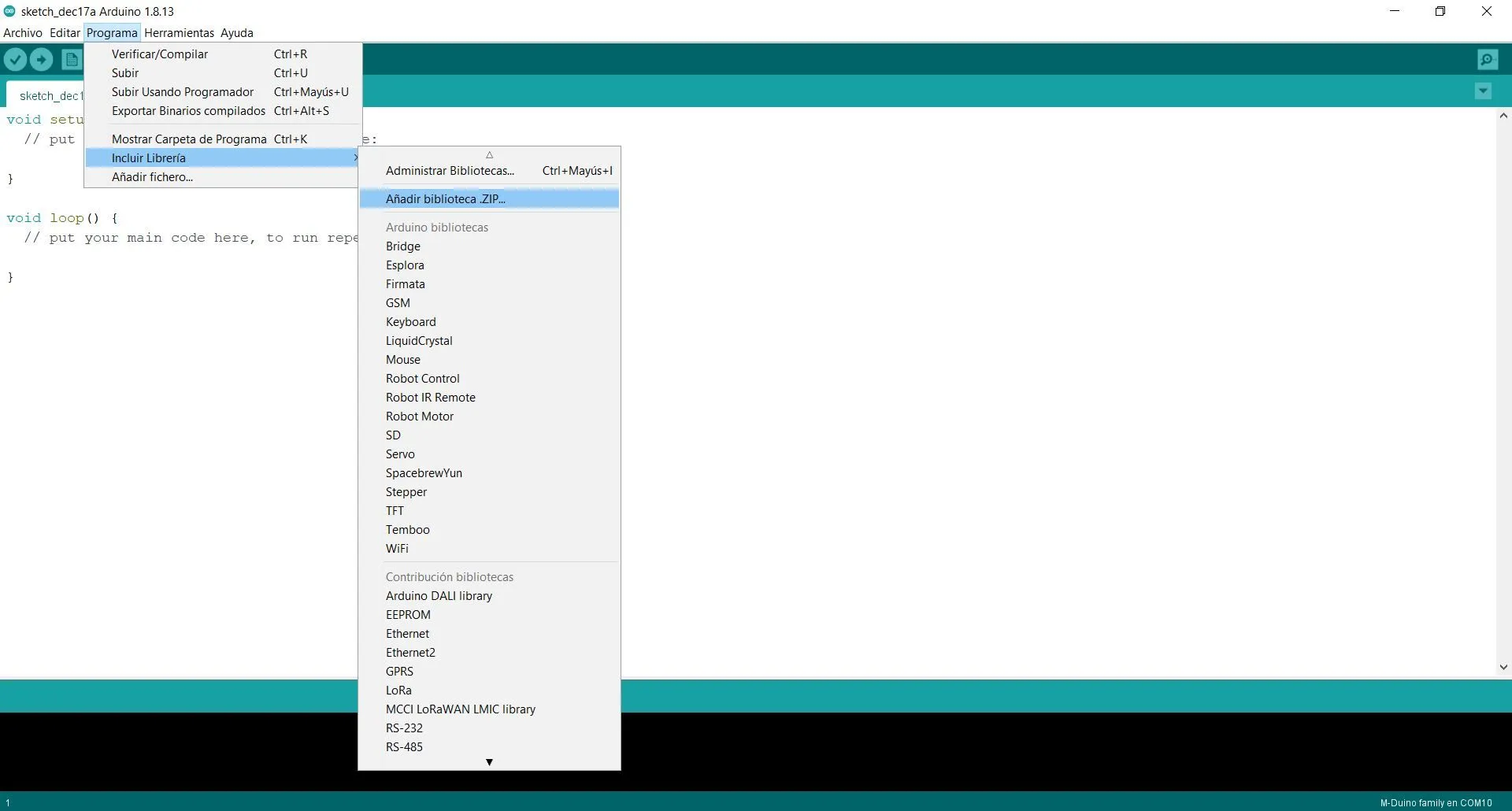Menú Programa del IDE de Arduino con Incluir librería y Añadir biblioteca .ZIP seleccionados, para instalar la librería Modbus de Industrial Shields