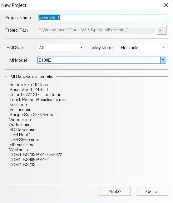 Diálogo New Project de Kinco DTools con el modelo de HMI G100E y su información de hardware: 10,1 pulgadas, 1024 x 600, Ethernet