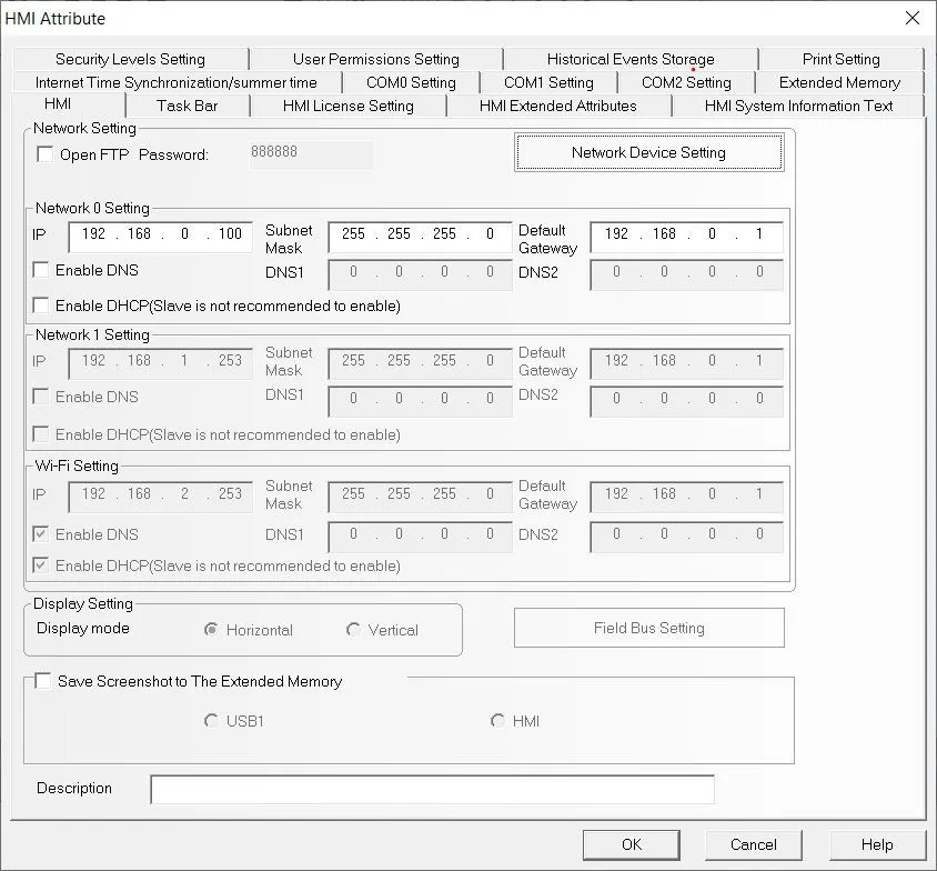 Diálogo HMI Attribute de Kinco DTools, pestaña HMI, con el botón Network Device Setting y la configuración IP de Network 0
