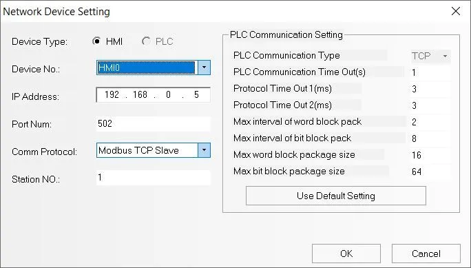 Network Device Setting de Kinco DTools: tipo de equipo HMI, HMI0, IP 192.168.0.5, puerto 502, protocolo Modbus TCP Slave, estación 1