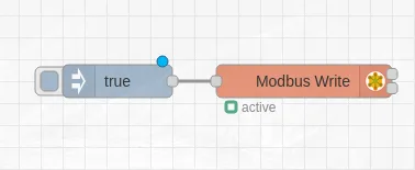 Flujo de Node-RED: un nodo Inject con el valor true conectado a un nodo Modbus Write con el estado active