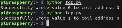 Raspberry PLC terminal: python tcp.py runs twice and writes the value 0 and then 1 to coil address 0