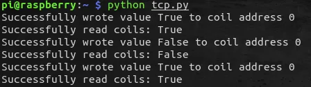 Raspberry PLC terminal: the write and read loop writes True, False and True to coil 0 and reads back the same values
