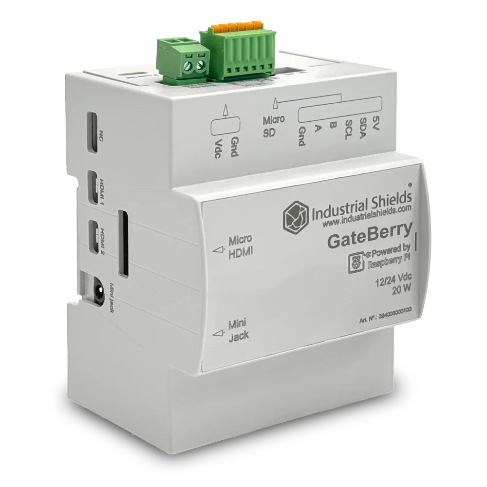 GateBerry industrial gateway with a Raspberry Pi inside, in a grey DIN rail housing with green terminal blocks