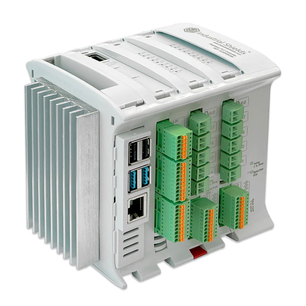 Raspberry PLC 38R from Industrial Shields, a DIN rail PLC with a Raspberry Pi inside and green terminal blocks