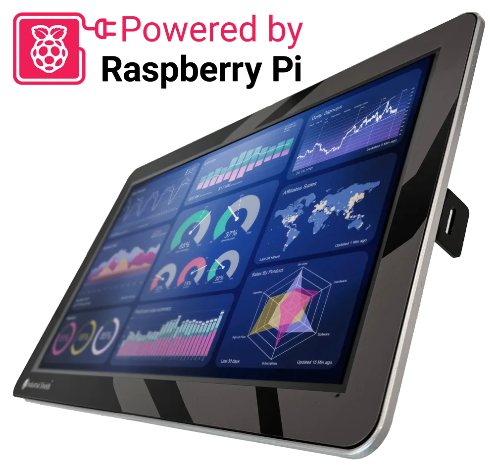 TouchBerry Pi panel PC showing a production dashboard with charts and gauges, with the Powered by Raspberry Pi logo