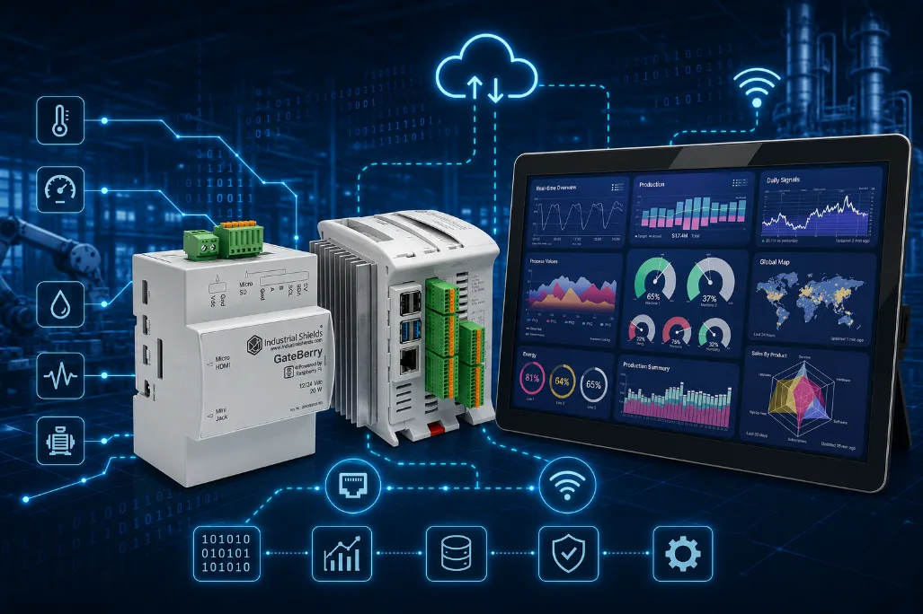 A GateBerry gateway and a Raspberry PLC connected to sensor icons and to the cloud, next to a panel PC showing a monitoring dashboard