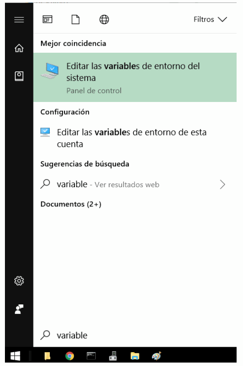 Búsqueda de variable en el menú Inicio de Windows con la opción Editar las variables de entorno del sistema