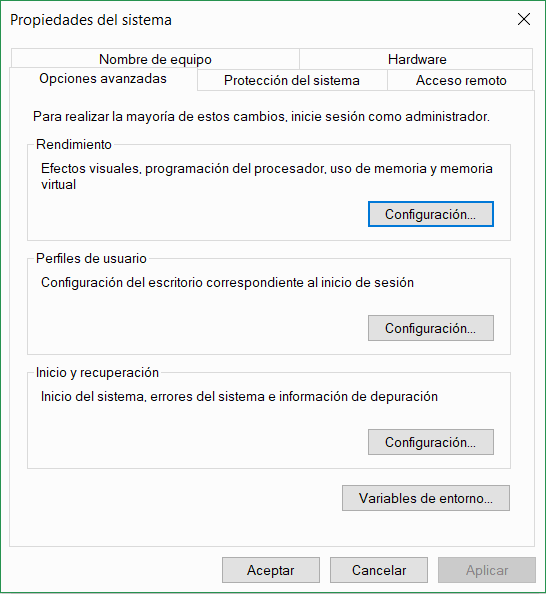 Ventana Propiedades del sistema de Windows, pestaña Opciones avanzadas, con el botón Variables de entorno