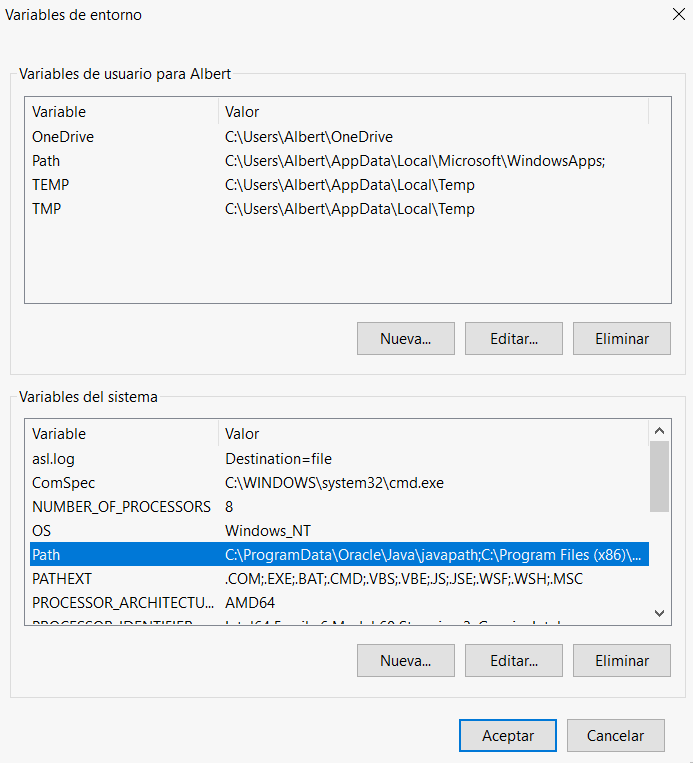 Ventana Variables de entorno de Windows con la variable del sistema Path seleccionada