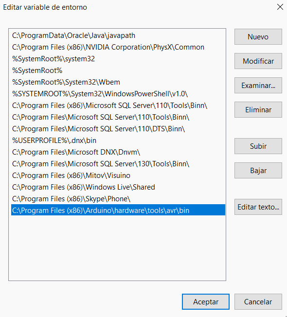 Lista Editar variable de entorno de Windows con la carpeta de avrdude del antiguo Arduino IDE 1.x añadida al final