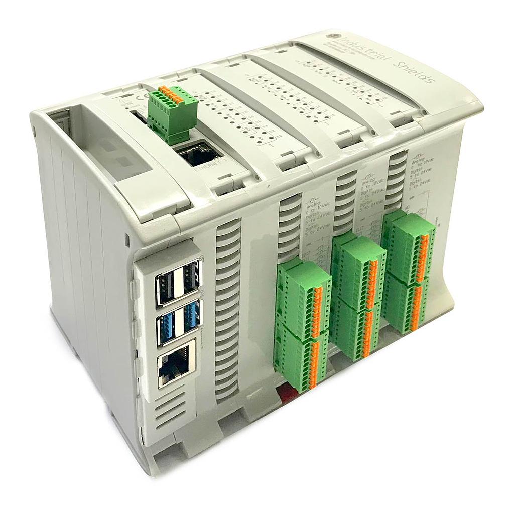 Raspberry PLC Ethernet 58 E/S Analógico/Digital PLUS (Raspberry Pi 4B 2GB RAM incluido + 8GB pSLC μSD c/Linux) VENTILADOR interno incluido