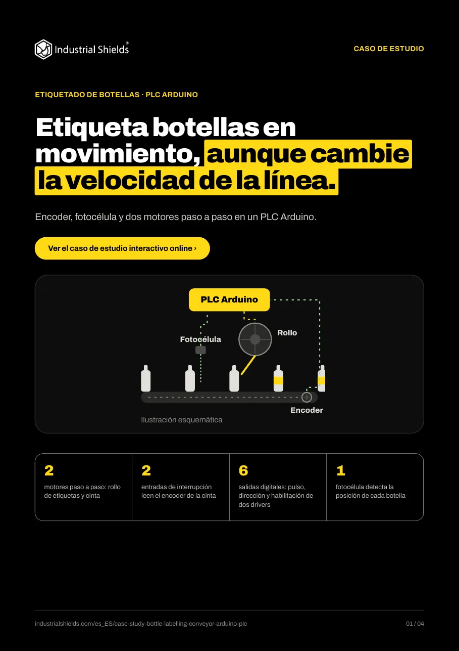 Caso de estudio: cinta de etiquetado de botellas con un PLC Arduino, un encoder y dos motores paso a paso